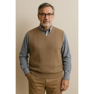 Van Heusen Men’s Sweater Vest Size L Tan 100% Cotton VNeck Pullover Classic Knit